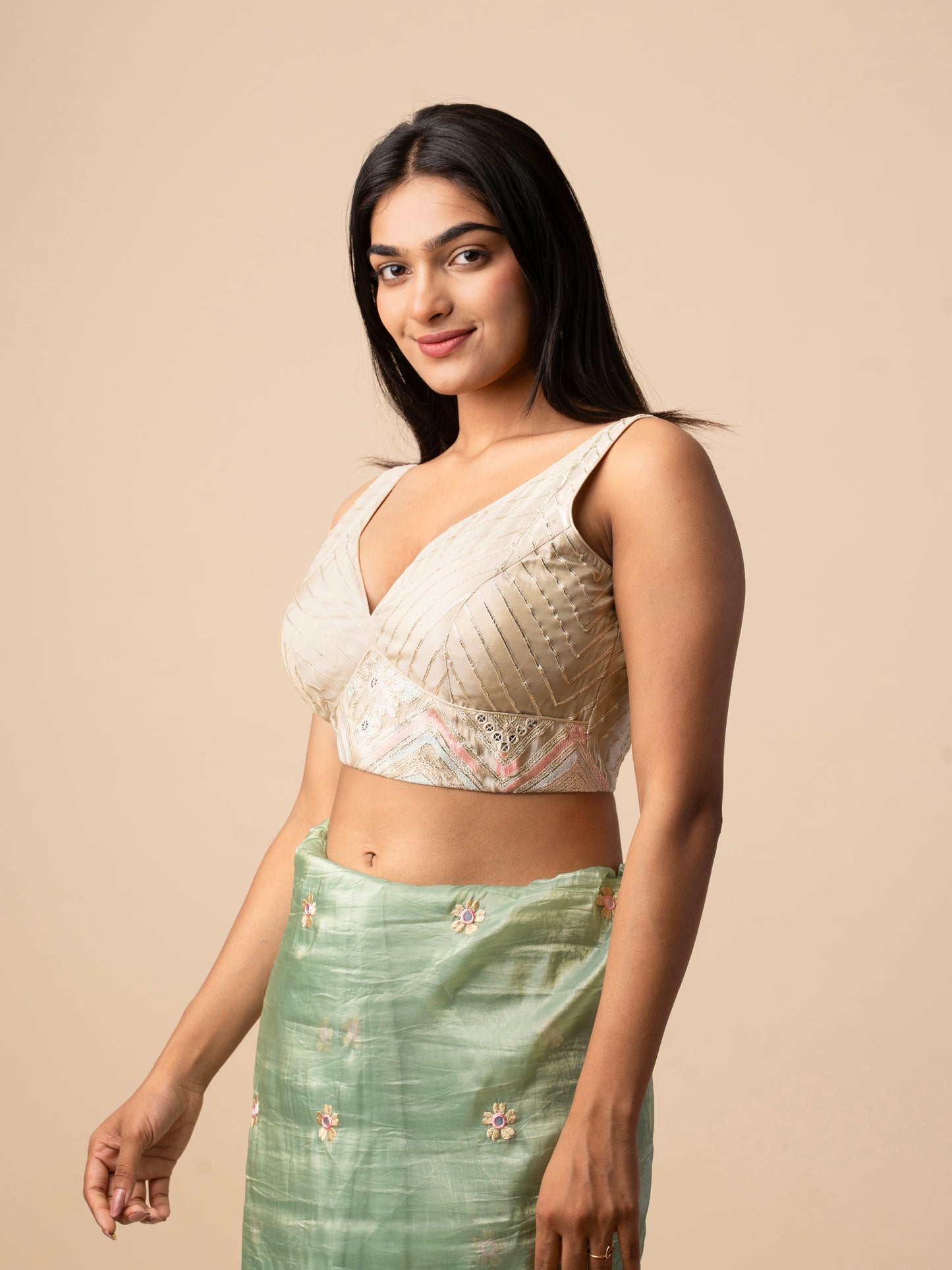 Organza Silk Blouse with Zari Embroidery & Threadwork Border
